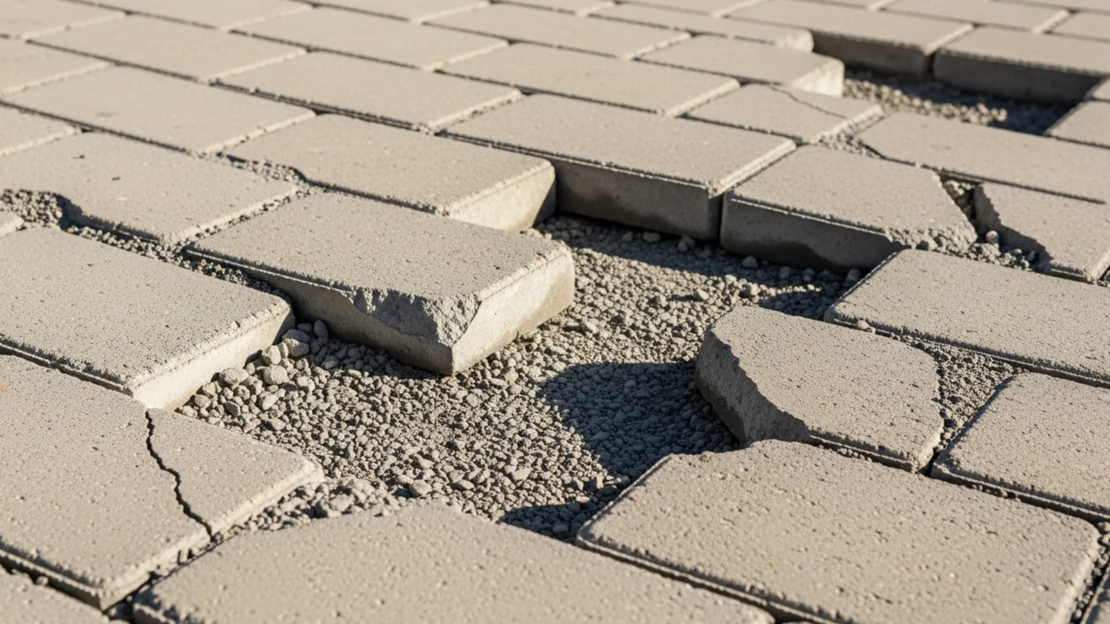 An outdoor walkway showing uneven pavers caused by improper base preparation and long-term settling.