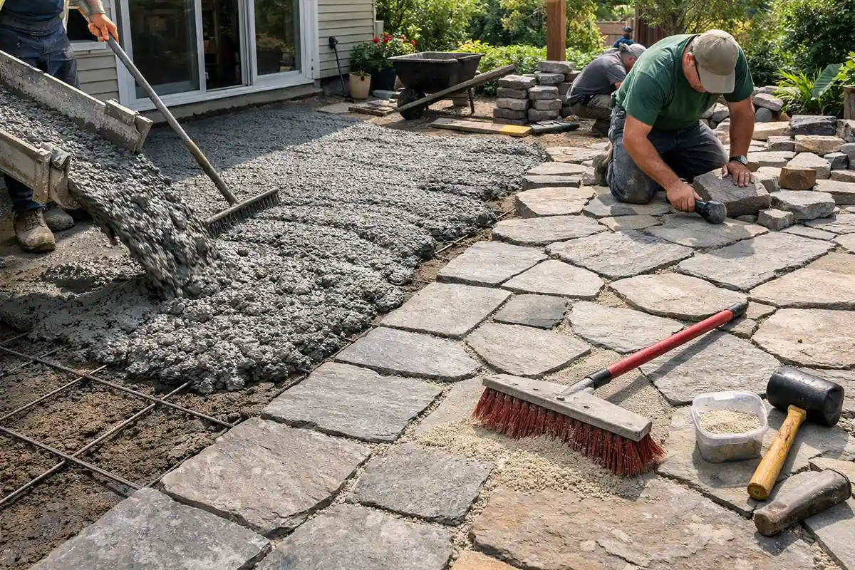 Durable outdoor surface materials including high-strength concrete and properly installed stone pavers.