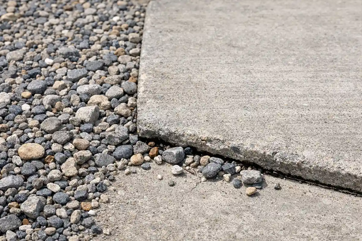 A gravel driveway transitioning into a concrete slab with visible edge separation.