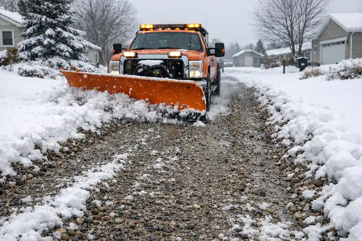 Snowplow clearing a gravel driveway with visible stone displacement along the edges.