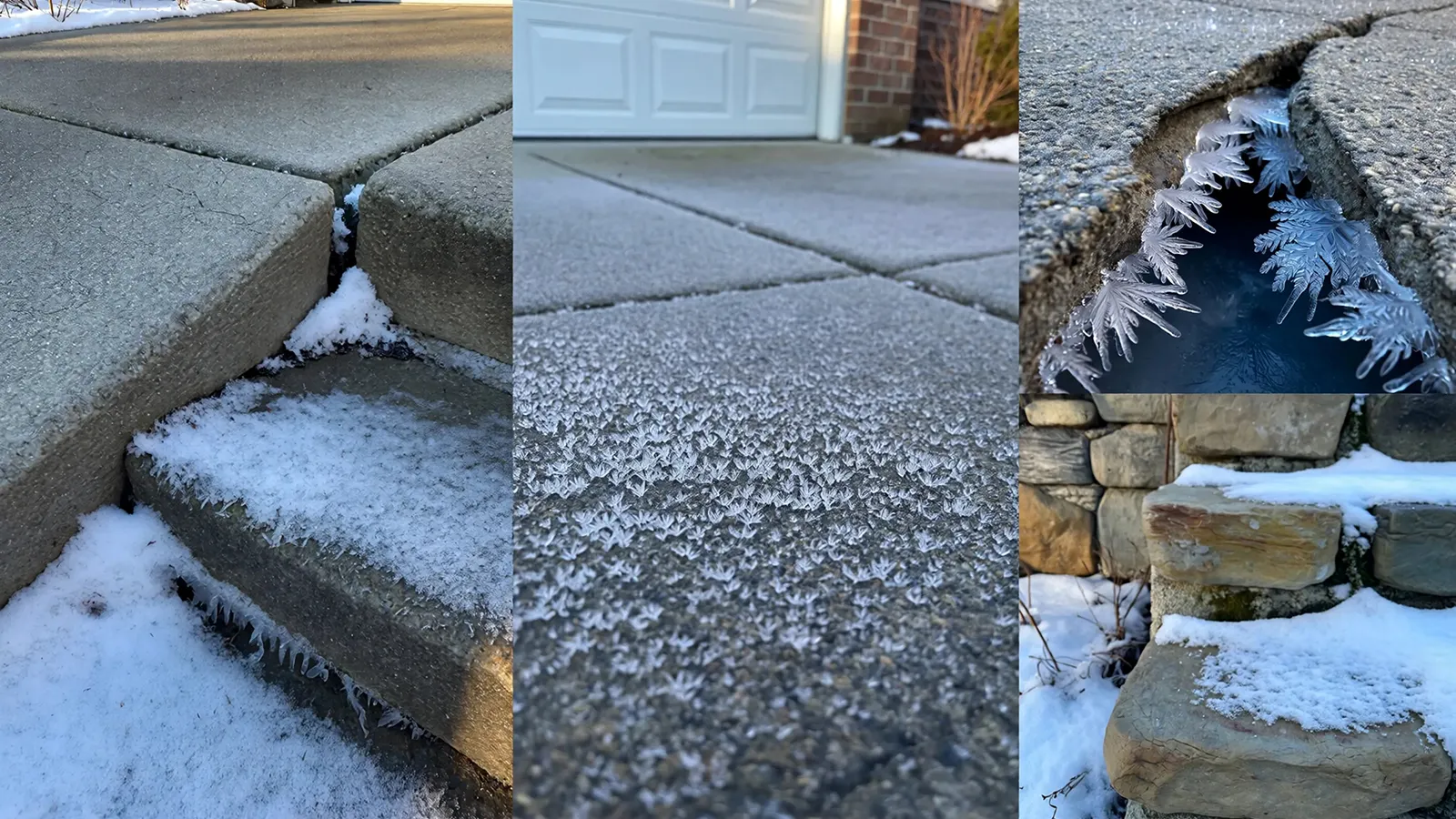 Close-up views of micro-cracks and frost on outdoor concrete and stone surfaces after freeze-thaw cycles.