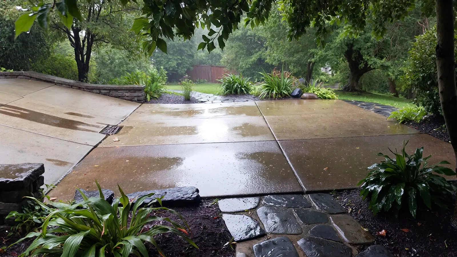 Outdoor residential surfaces showing differences in sun exposure, slope, and moisture retention after rainfall.