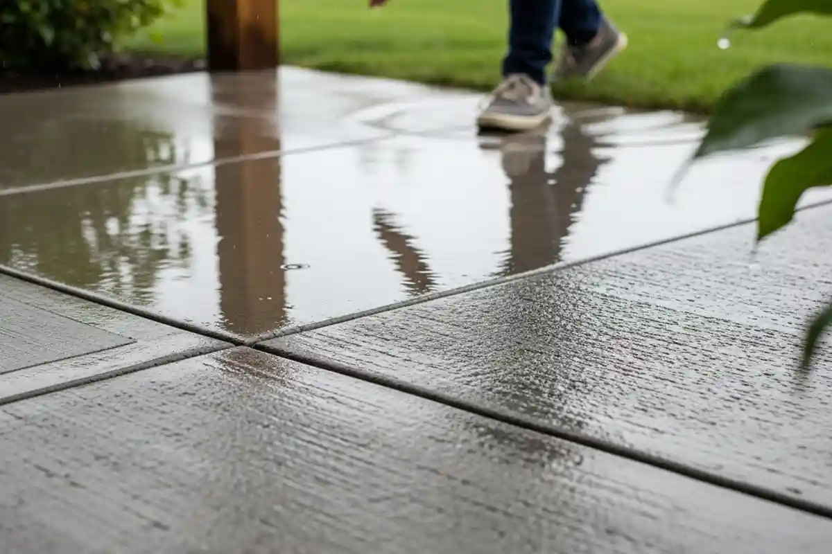 Thin water film across a concrete patio surface altering traction after rainfall.