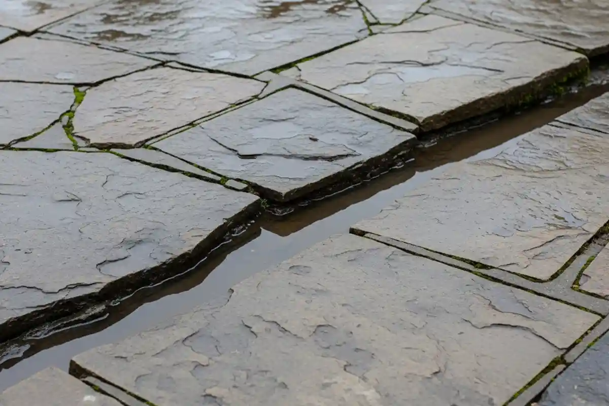 Rainwater pooling and seeping into a cracked stone patio, increasing moisture beneath the surface.