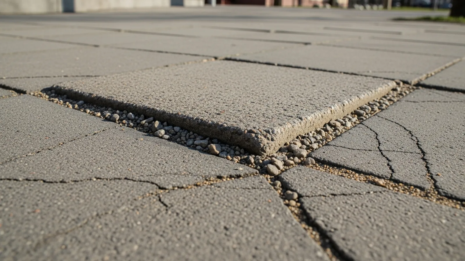 A repaired outdoor walkway where mismatched patching has created a new and visible trip hazard.