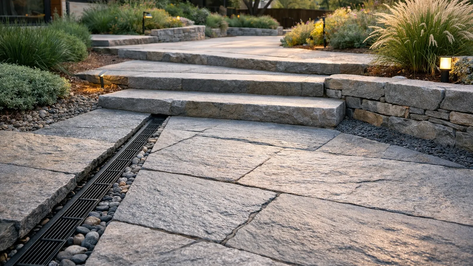 A well-designed outdoor stone walkway featuring textured surfaces and balanced layout for improved safety.