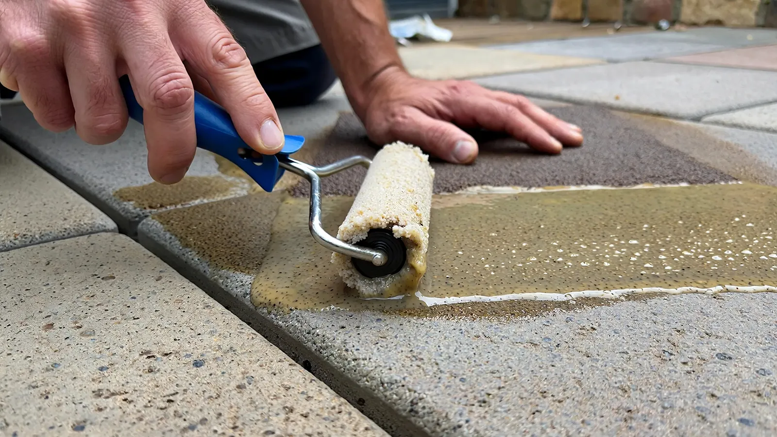 A slip-resistant treatment is applied to outdoor tiles to increase surface traction.