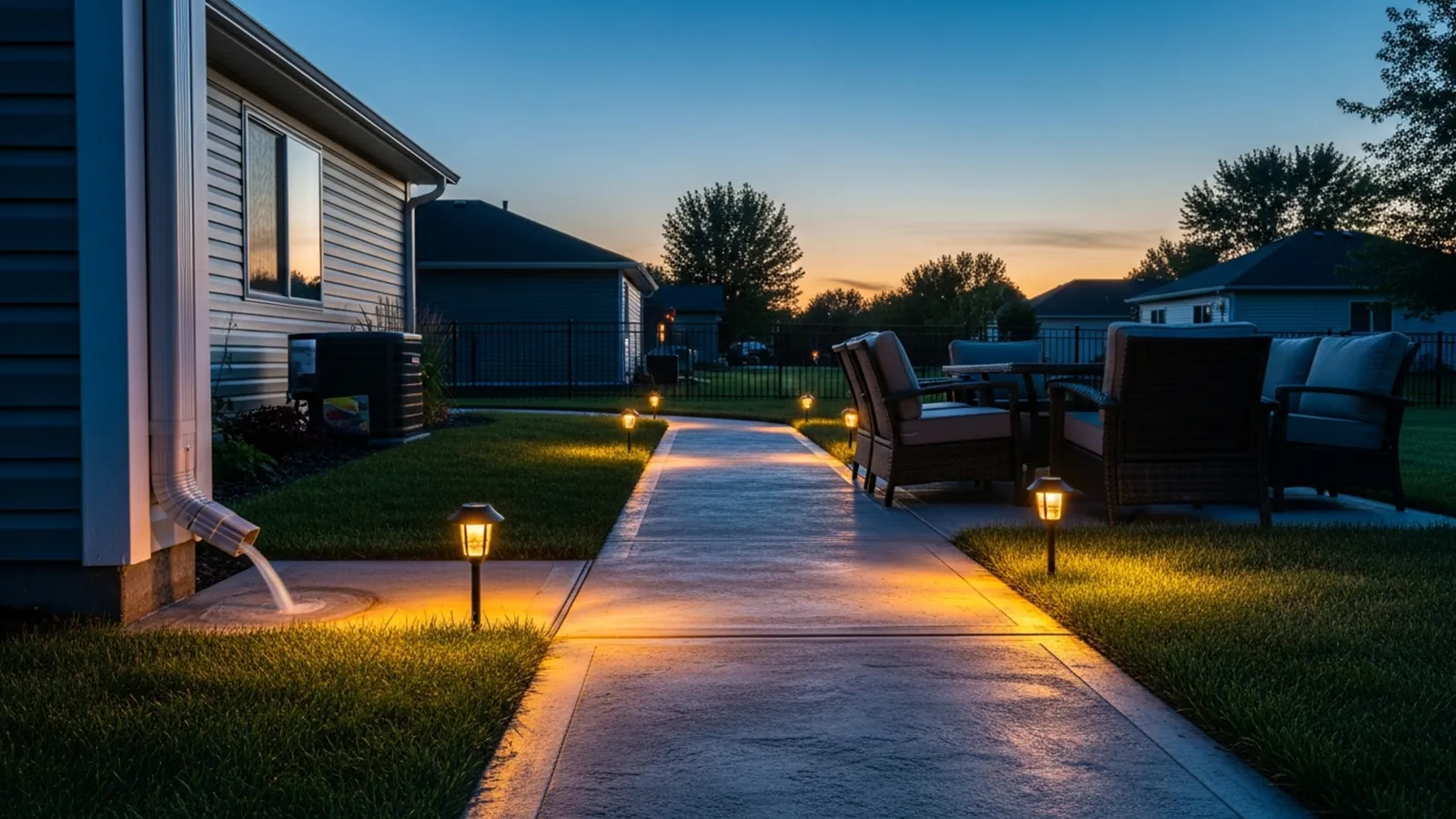 Residential patio improvements including redirected drainage, adjusted furniture layout, added surface texture, and improved walkway lighting.