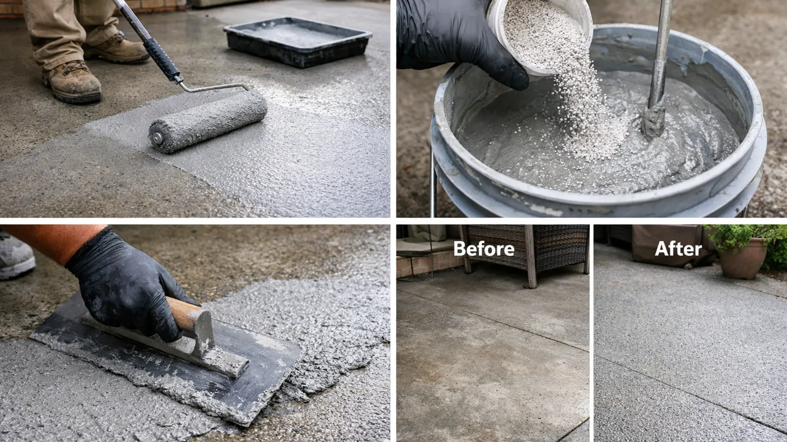 Application of anti-slip coatings and textured resurfacing on residential concrete patios.