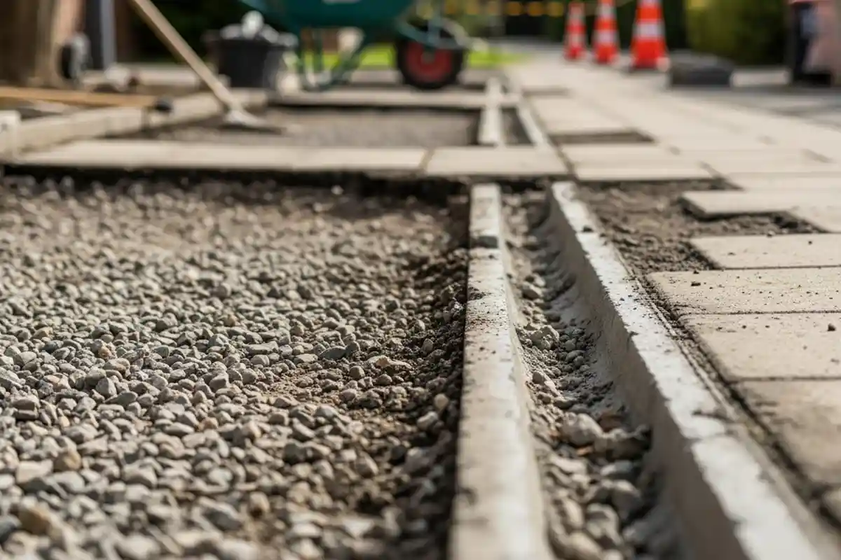 Outdoor walkway base exposed showing gravel foundation and added drainage channel for improved water flow.