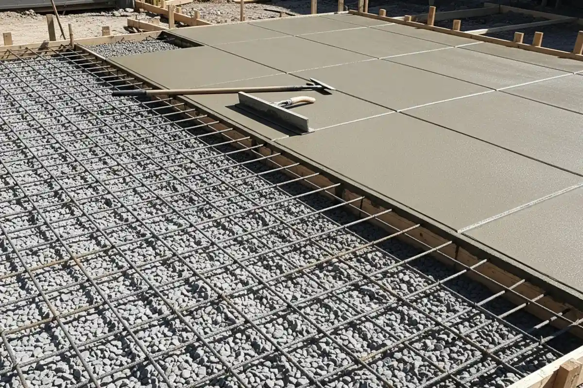 Reconstructed outdoor patio showing reinforced base layers and newly poured slab with control joints.