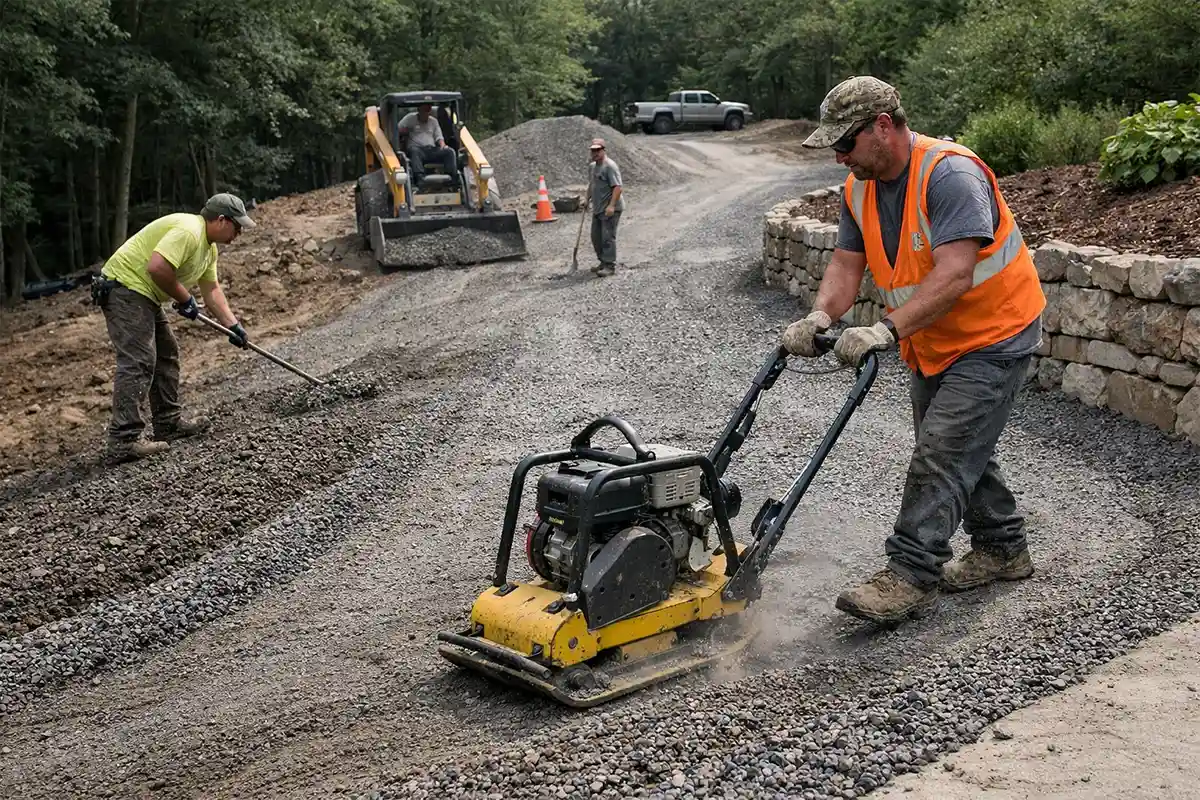 A gravel driveway being regraded and compacted to restore proper slope and improve drainage.
