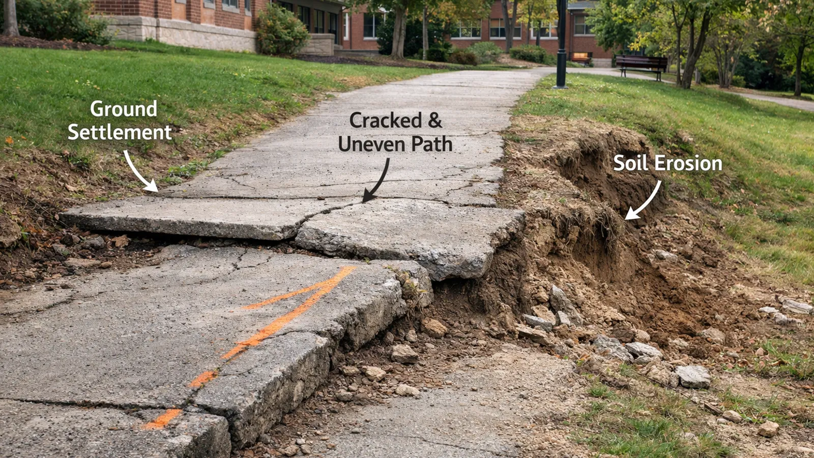 An outdoor walkway showing uneven sections caused by ongoing soil movement beneath the surface.