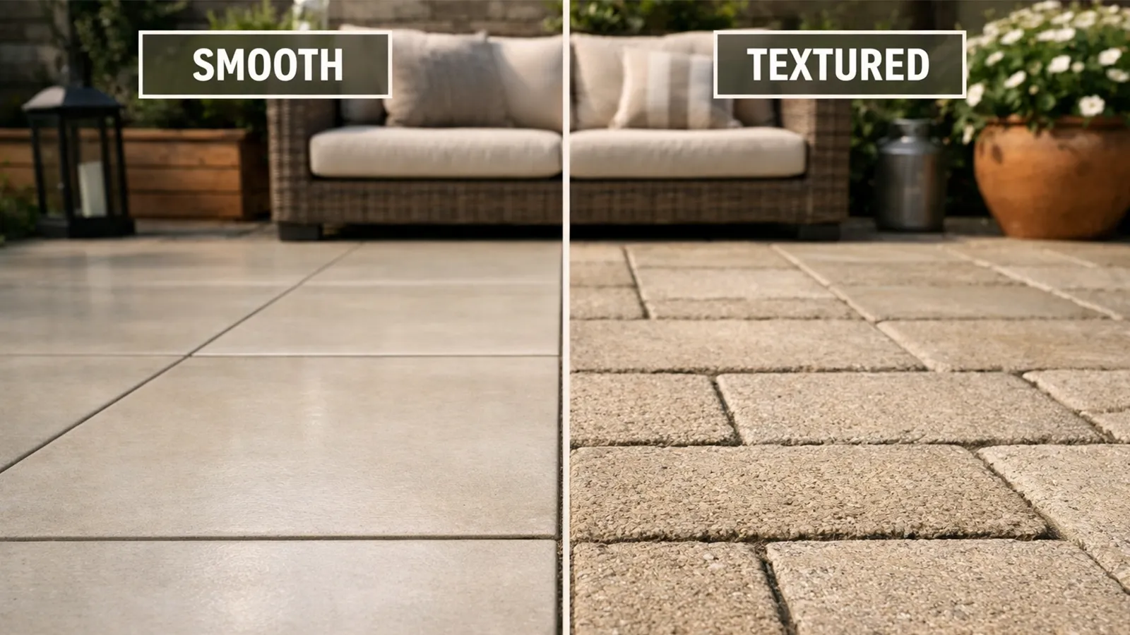 A side-by-side comparison of smooth and textured outdoor surfaces showing differences in grip under natural daylight.