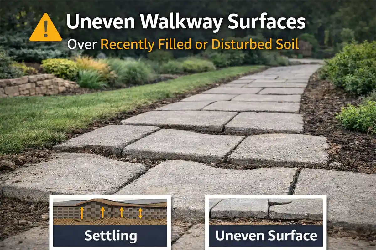 Residential walkway with uneven pavers caused by soil settlement after recently filled ground.