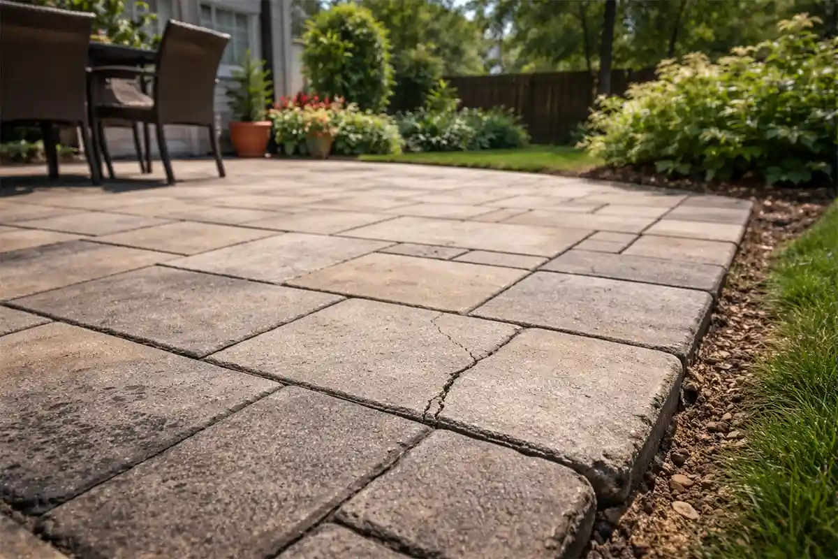 Early-stage cracking and minor settling on a residential outdoor patio surface.