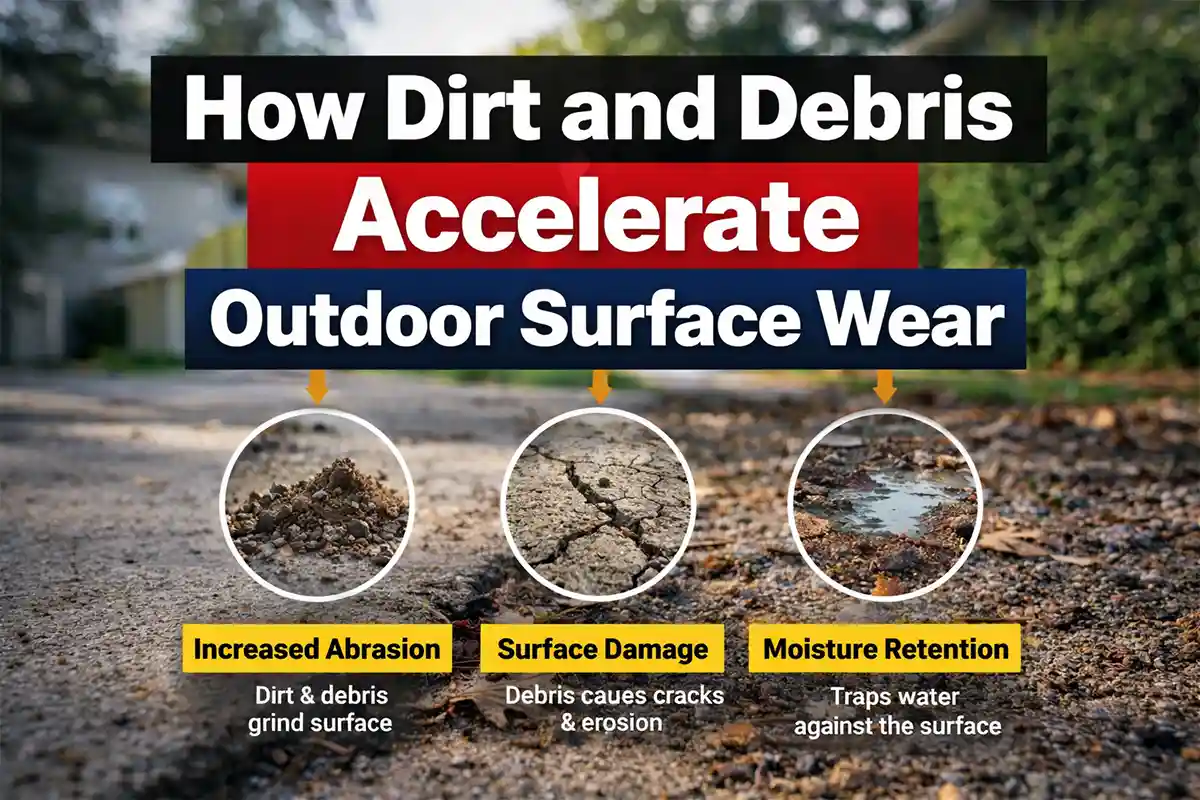 Dirt and debris buildup on outdoor patio pavers accelerating surface wear.