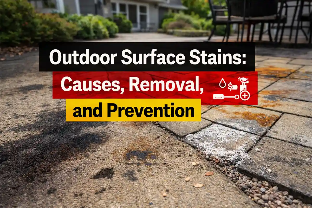 Oil, rust, and organic stains contaminating concrete driveway and patio pavers.