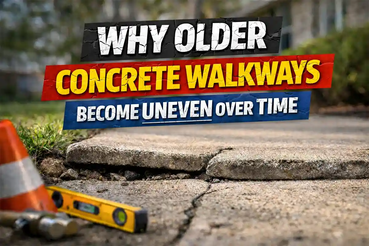 Uneven concrete walkway slabs caused by deteriorated base layer beneath older outdoor pathway