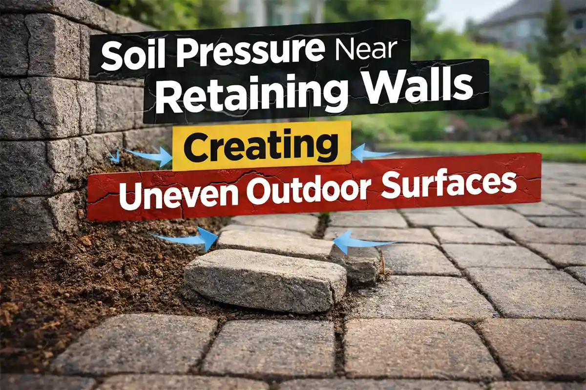 Uneven patio and walkway surfaces forming near a retaining wall due to soil pressure behind the wall.