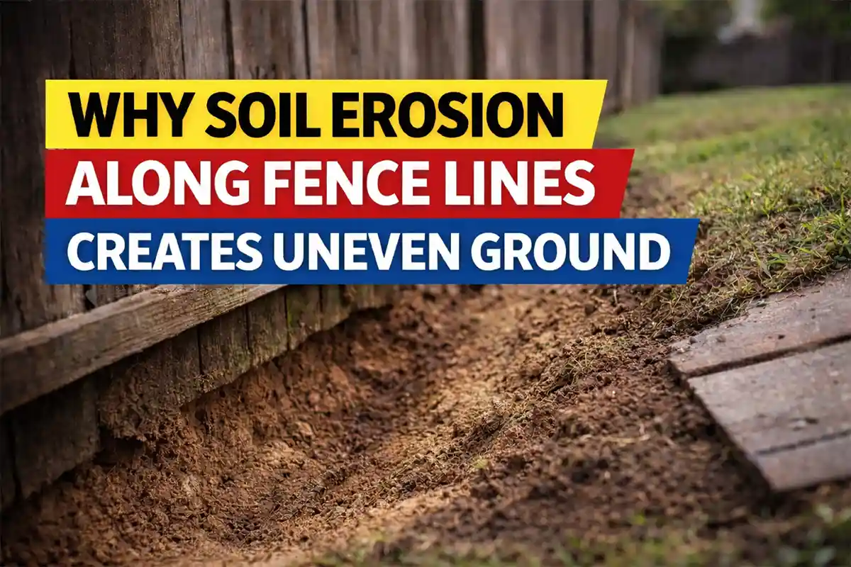 Uneven ground forming along a backyard fence line where soil erosion has removed soil near fence posts.
