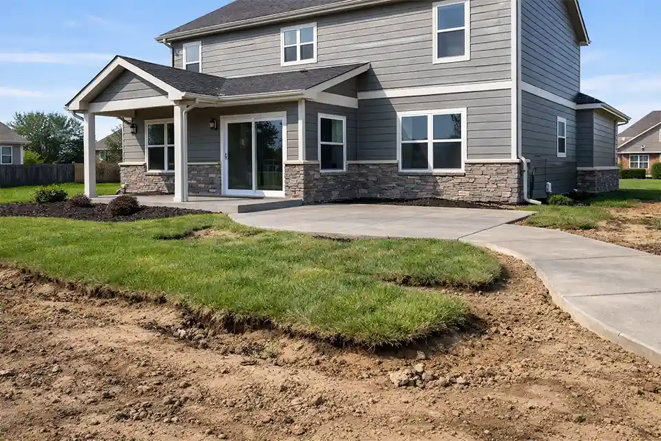 Uneven ground forming around a newly built home as backfill soil settles near foundation and yard areas.