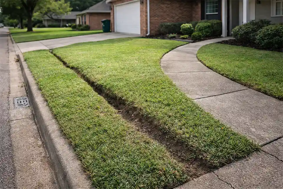 Uneven ground forming above a buried utility trench in a residential yard