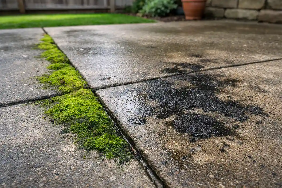 Green moss and dark mold patches spreading across a damp concrete patio surface.