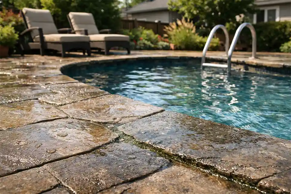 Wet patio stone around backyard swimming pool becoming slippery from repeated splashing.