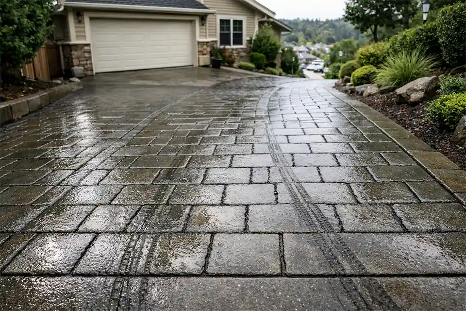 Steep residential driveway with slippery pavers and water runoff creating traction risk.