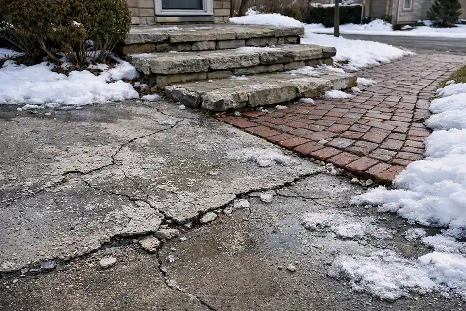 Freeze–thaw damage causing cracks and scaling on residential driveway and walkway surfaces.
