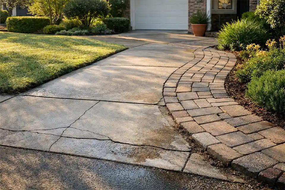 Early warning signs of outdoor surface failure including hairline cracks, shifting pavers, and slight soil settlement on a residential walkway.