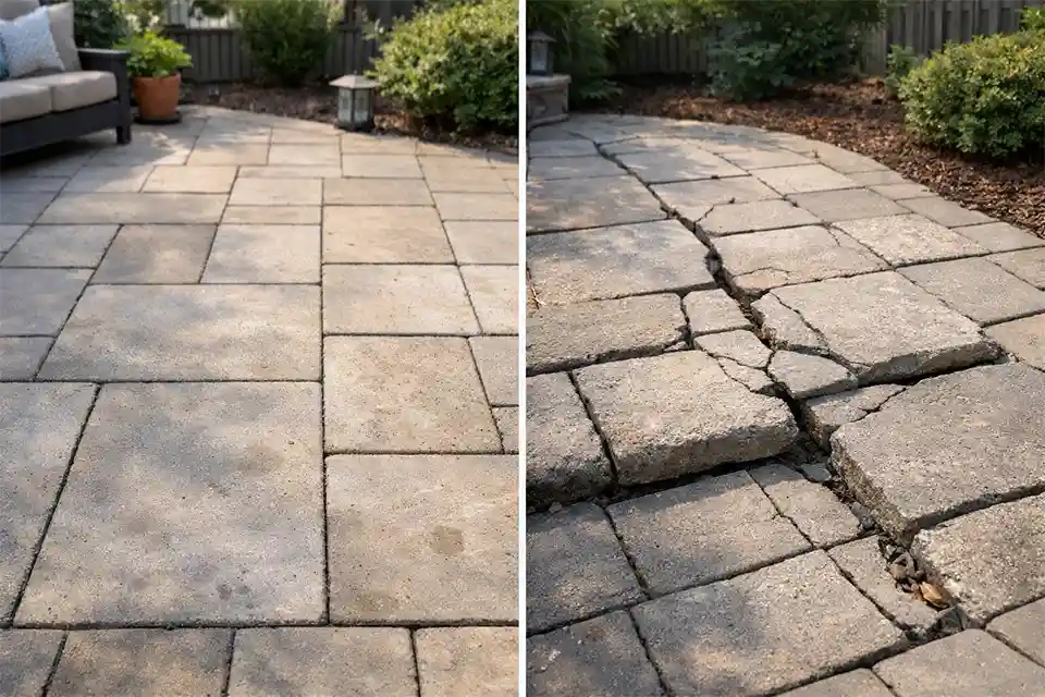 Comparison between cosmetic and structural outdoor surface problems on patio and walkway.