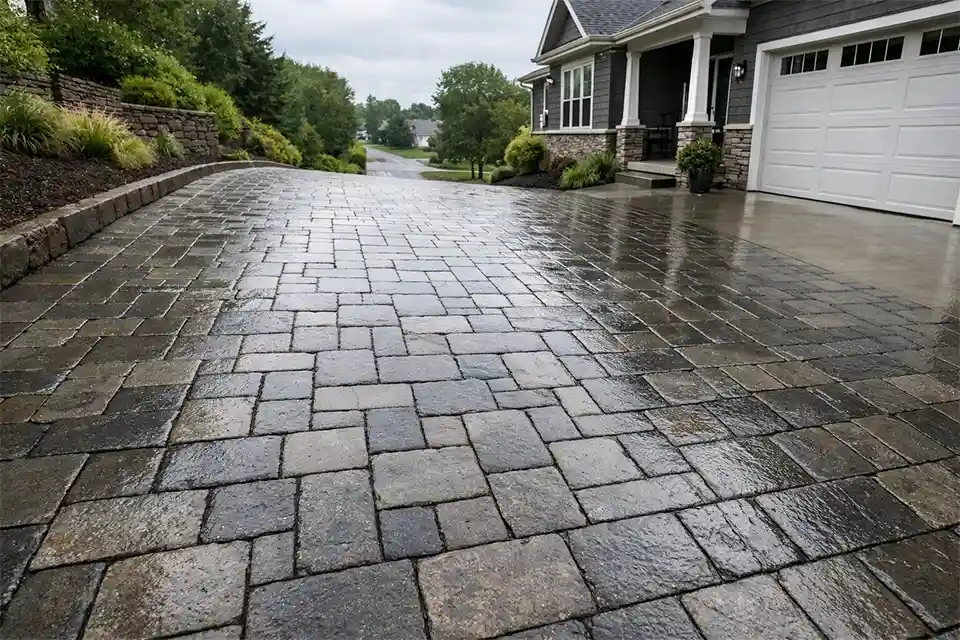 Steep residential driveway with slippery paver surface after rainfall creating traction risks.