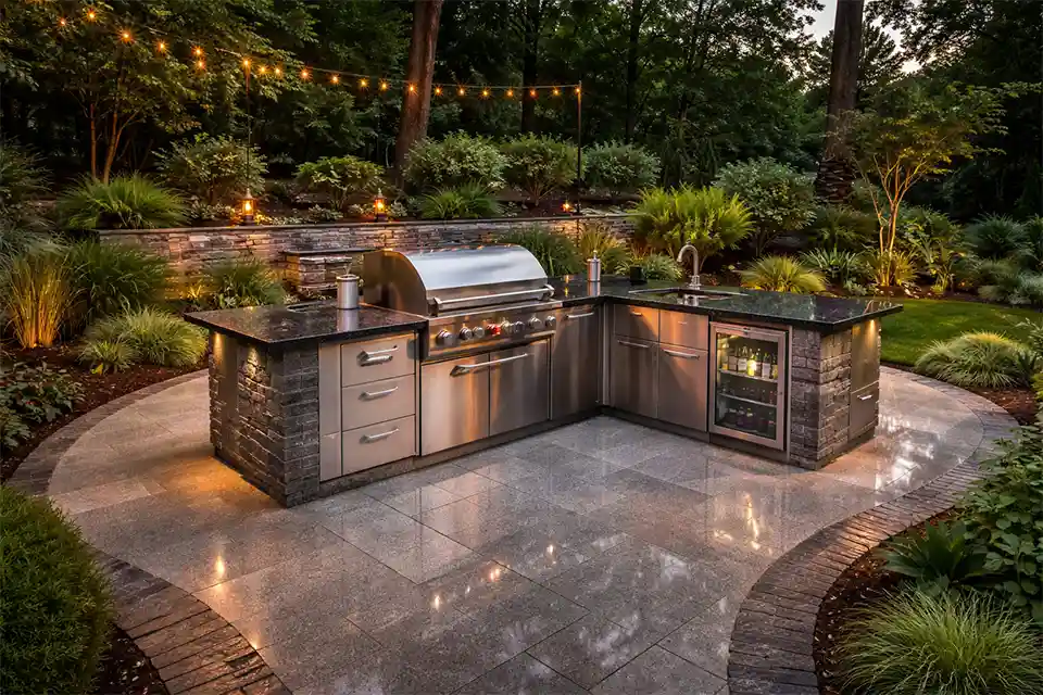 Polished granite walkway installed around an outdoor kitchen grill island in a residential backyard.