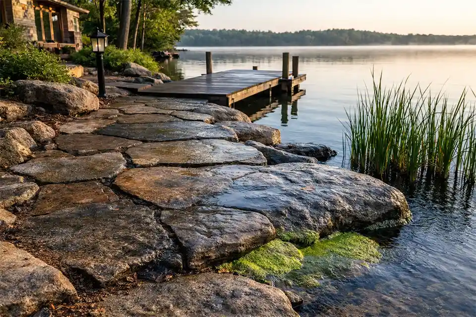 Slippery algae-covered dockside stone path near a lake