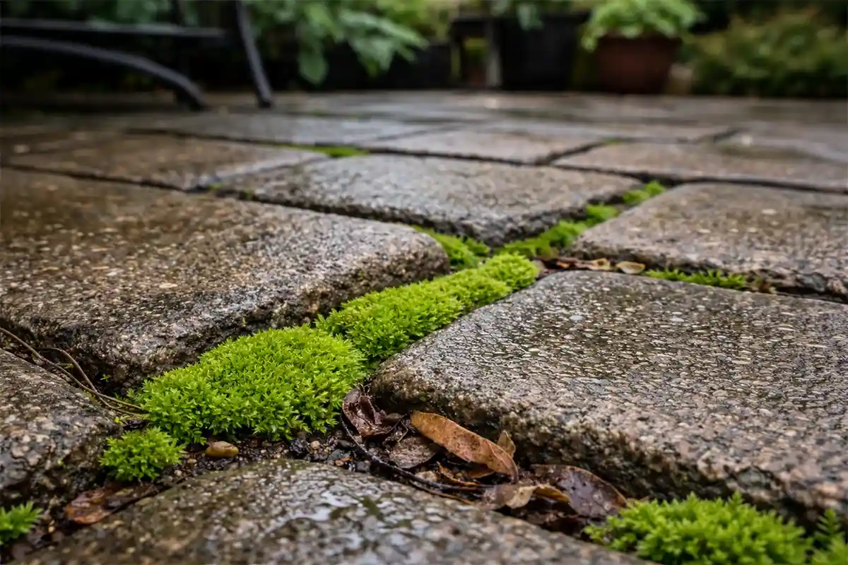 Moss growing between patio pavers in a shaded backyard patio area.