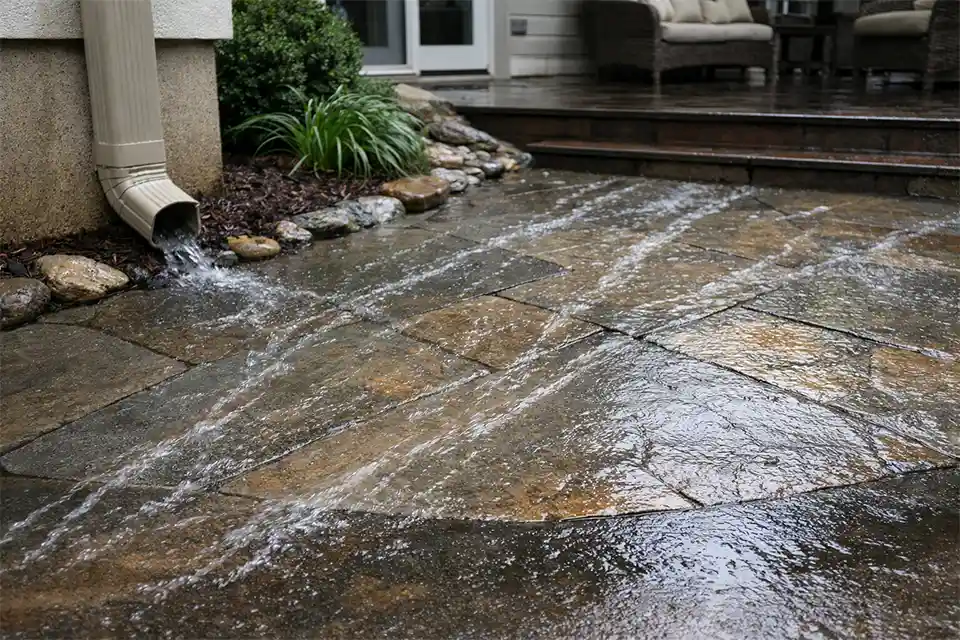 Rainwater runoff creating slippery conditions on a sloped backyard patio