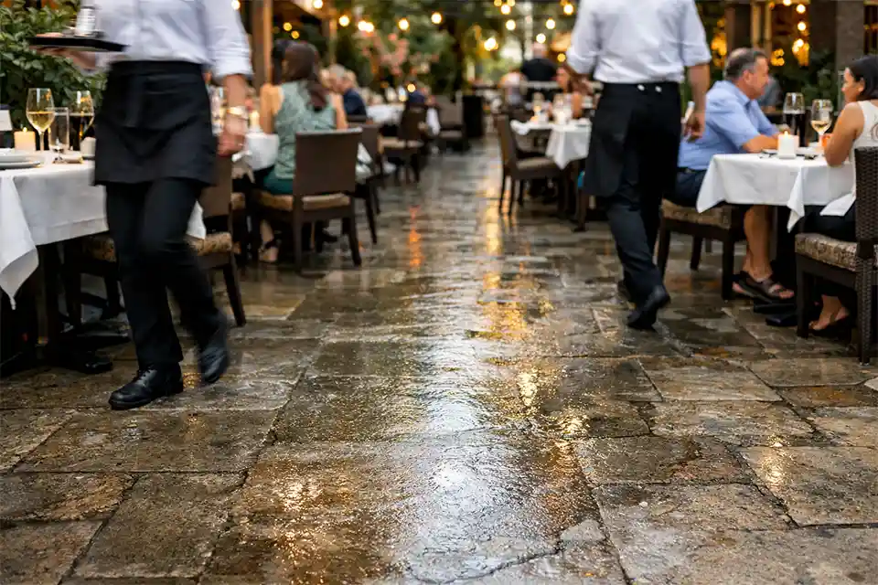 Worn stone on a busy outdoor restaurant patio creating reduced traction in the main walking lane