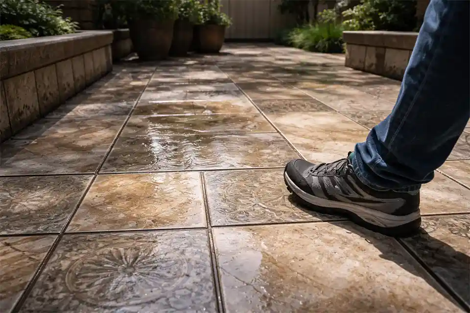 Decorative courtyard tiles becoming slippery after pressure washing in a shaded outdoor courtyard