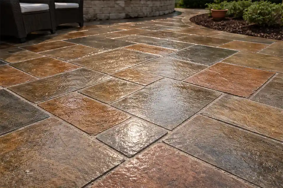 Newly sealed natural stone patio with a glossy surface film and wet patch showing reduced traction after treatment.