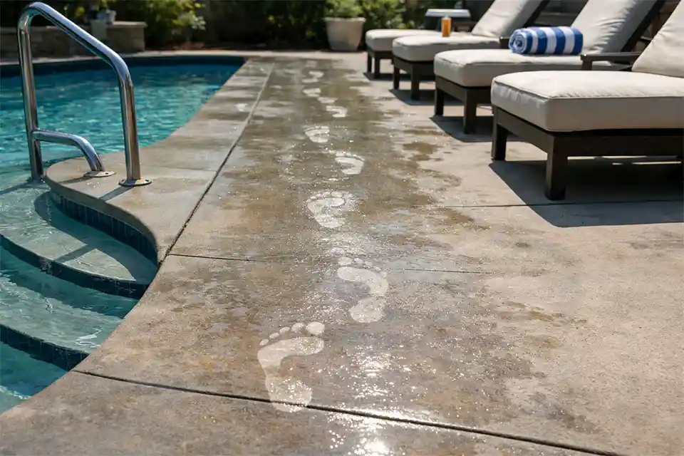 Smooth pool deck with a shiny sunscreen residue buildup and wet footprints creating a slippery traffic lane beside a backyard pool.