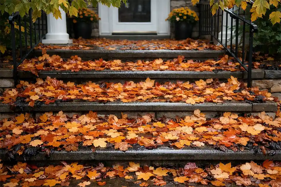 Wet outdoor home steps covered with packed autumn leaves creating a slippery fall hazard