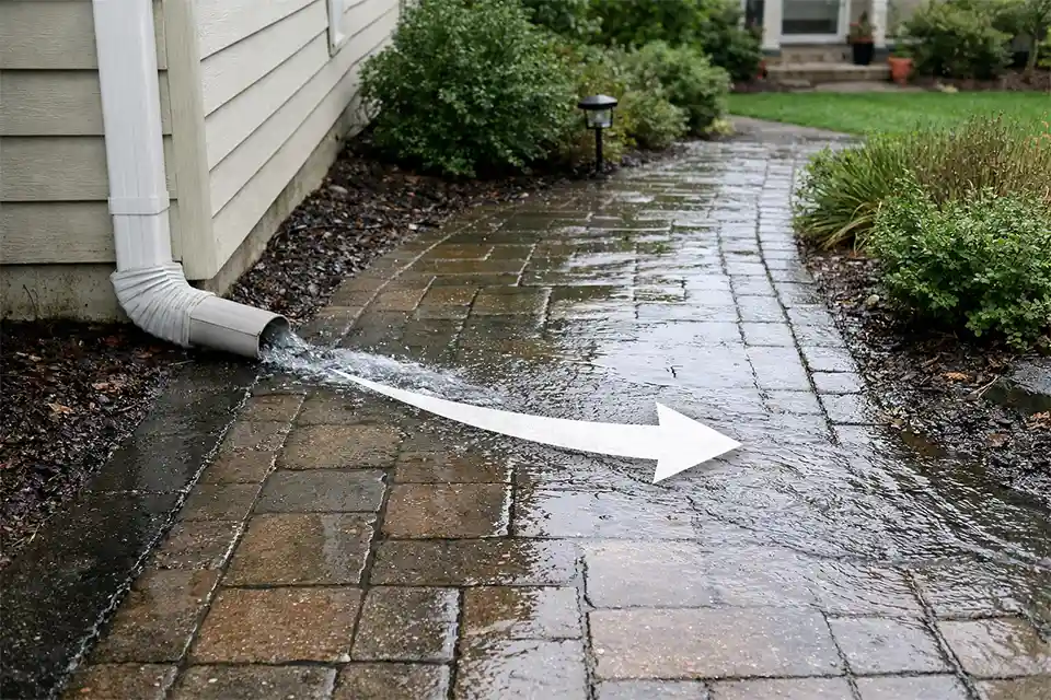 Residential walkway beside a home staying wet and slippery because poor drainage is sending runoff across the path.