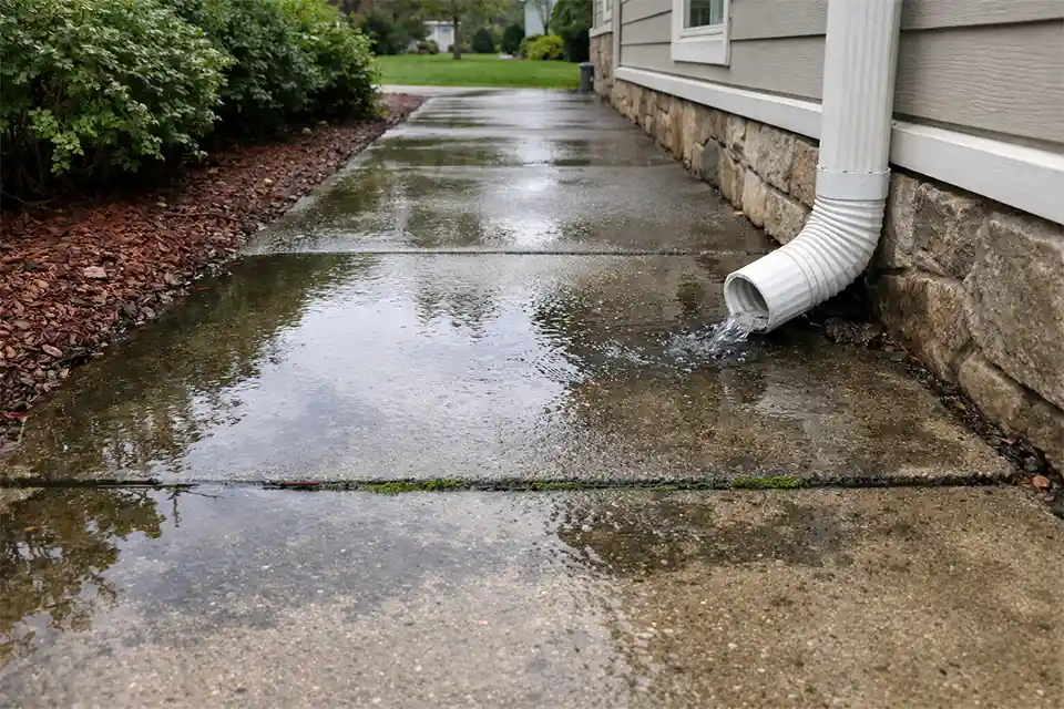 Residential outdoor walkway beside a home with wet slick patches, algae staining, and poor drainage from a nearby downspout