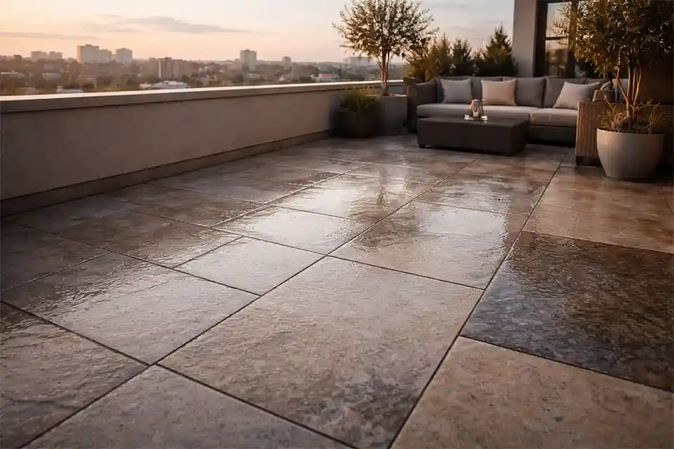 Rooftop terrace stone floor at dawn with a thin condensation film causing slippery footing without visible puddles