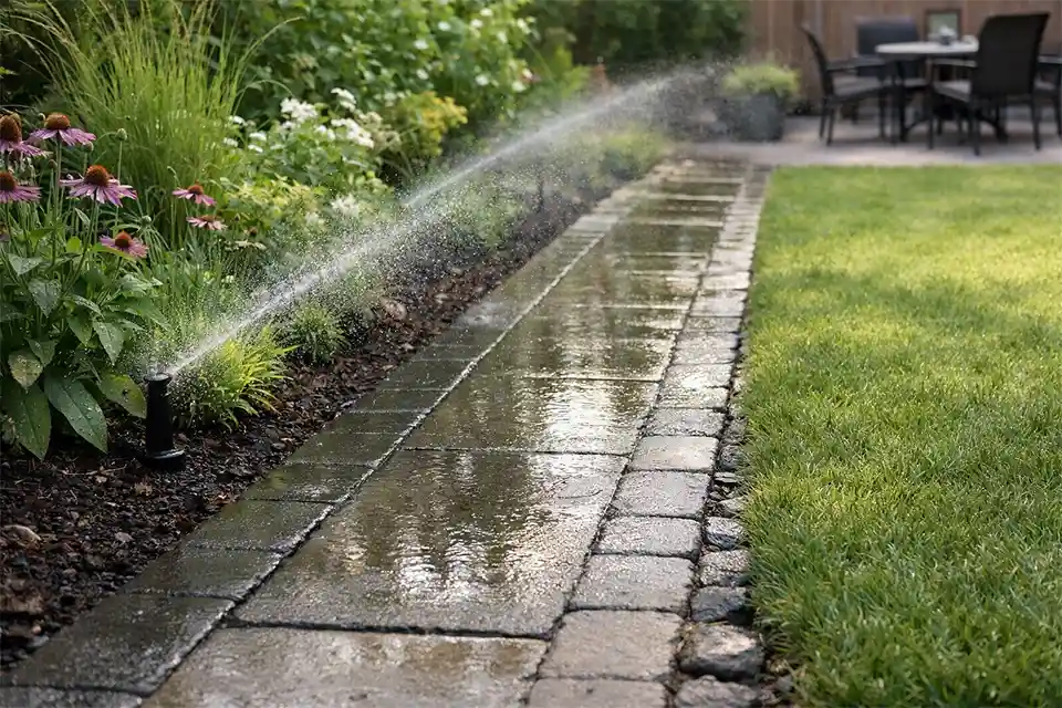 Garden path with a slick wet strip caused by irrigation overspray from sprinklers spraying past the planting bed