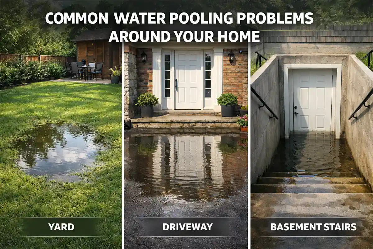 Comparison of sloped yard environments where patios, walkways, and gravel paths develop uneven surfaces due to soil slowly washing downhill.