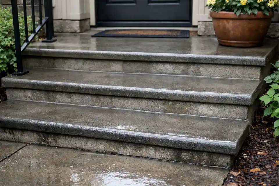 Wet outdoor stairs without edge traction strips, showing smooth slippery nosings and low-contrast step edges