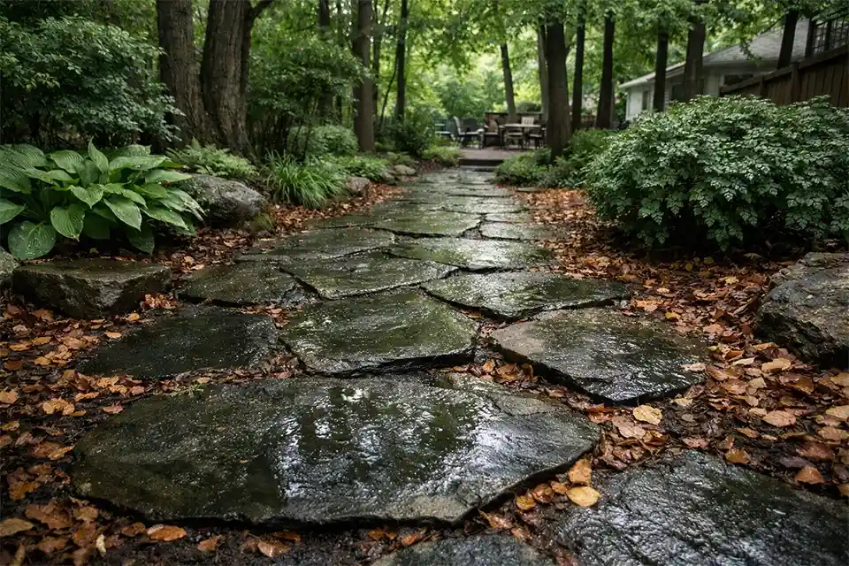 Shaded stone pathway under tall trees with dark slick patches, algae film, and leaf debris between joints